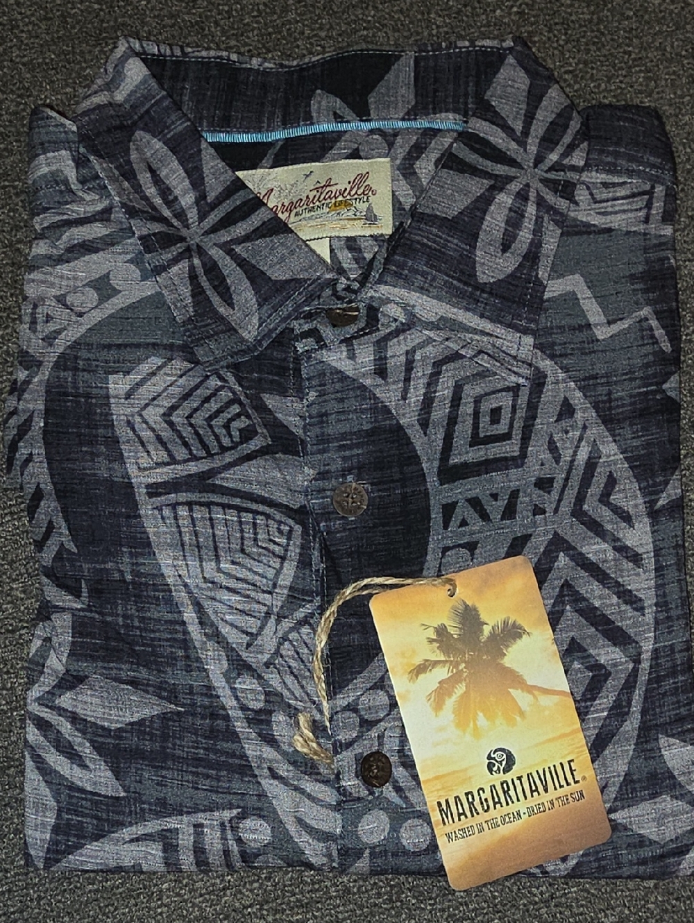 Margaritaville Navy and Gray Tribal Print Button-Up Shirt